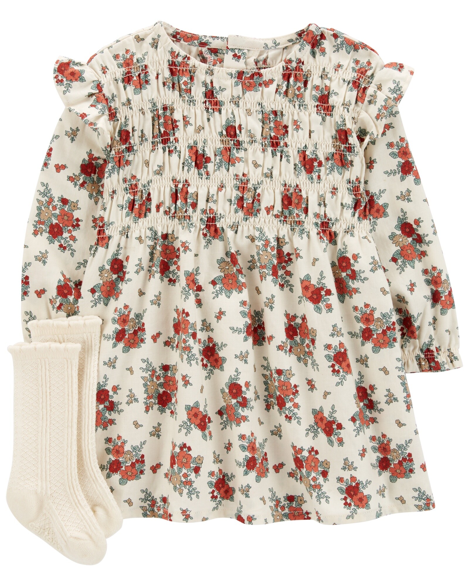 Set dos piezas, vestido de sarga, diseño floral y medias Sin color