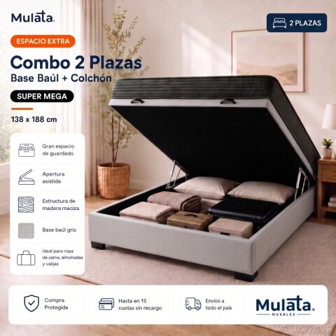 Sommier Baúl 2 Plazas Gris con Colchón Super Mega 138 x 188 Firmeza Media Sommier Baúl 2 Plazas Gris con Colchón Super Mega 138 x 188 Firmeza Media