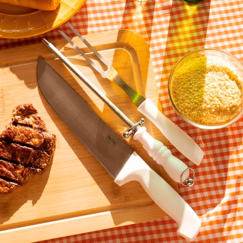 Set asador 3 piezas: Cuchillo, tenedor y chaira mango blanco BLANCO