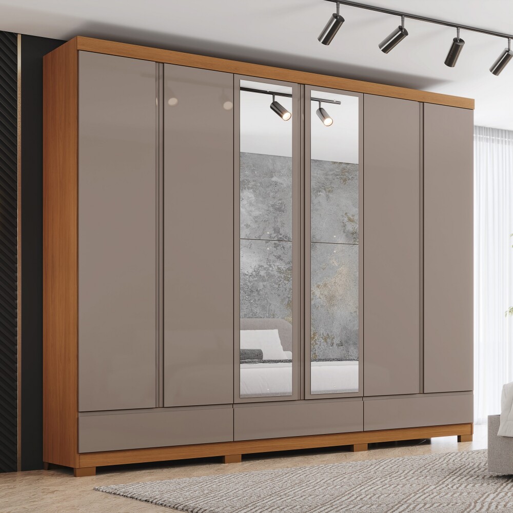 ROPERO IMPERIAL 6 PUERTAS 9 CAJONES CON ESPEJOS GUARDARROPA CLOSET ARMARIO 100% MDF CANELA