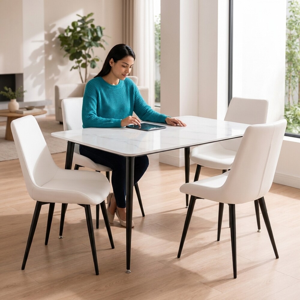 Juego De Comedor Mesa vidrio Símil Mármol + 4 Sillas Ecocuero Mesa blanca + 4 sillas blancas