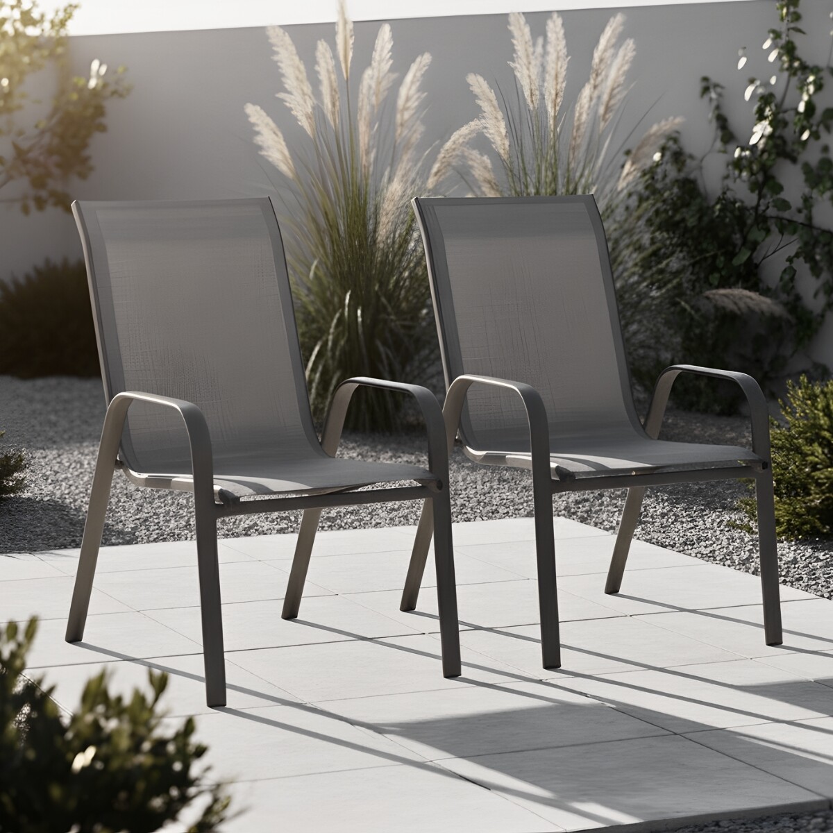 Set x2 Silla De Jardín De Metal Y Textilina Apilable con Apoyabrazos - GRIS 