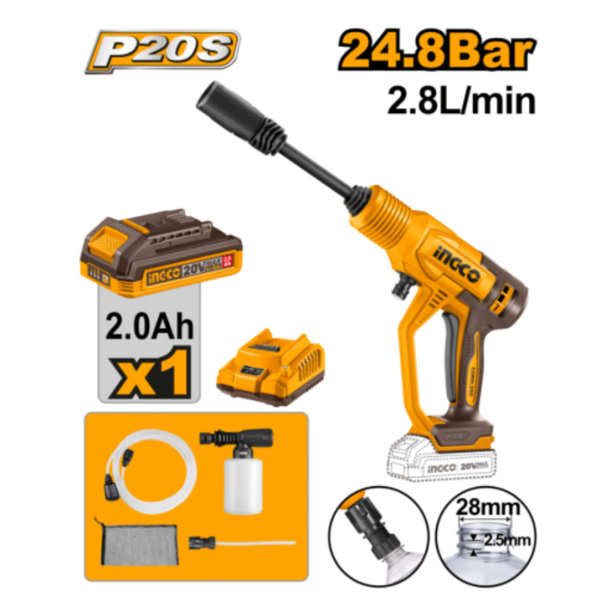 Hidrolavadora a Bateria INGCO Con Bateria/ Cargador y Accesorios CPWLI20362 - 20V 