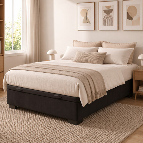 Base Box Baul para Sommier Colchon - Estructura Madera Maciza - Negro 138 x 188 x 35 cm