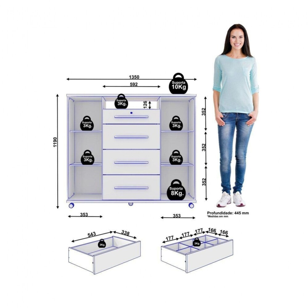 Cómoda Zapatera Versatil 2 Puertas 4 Cajones Blanco