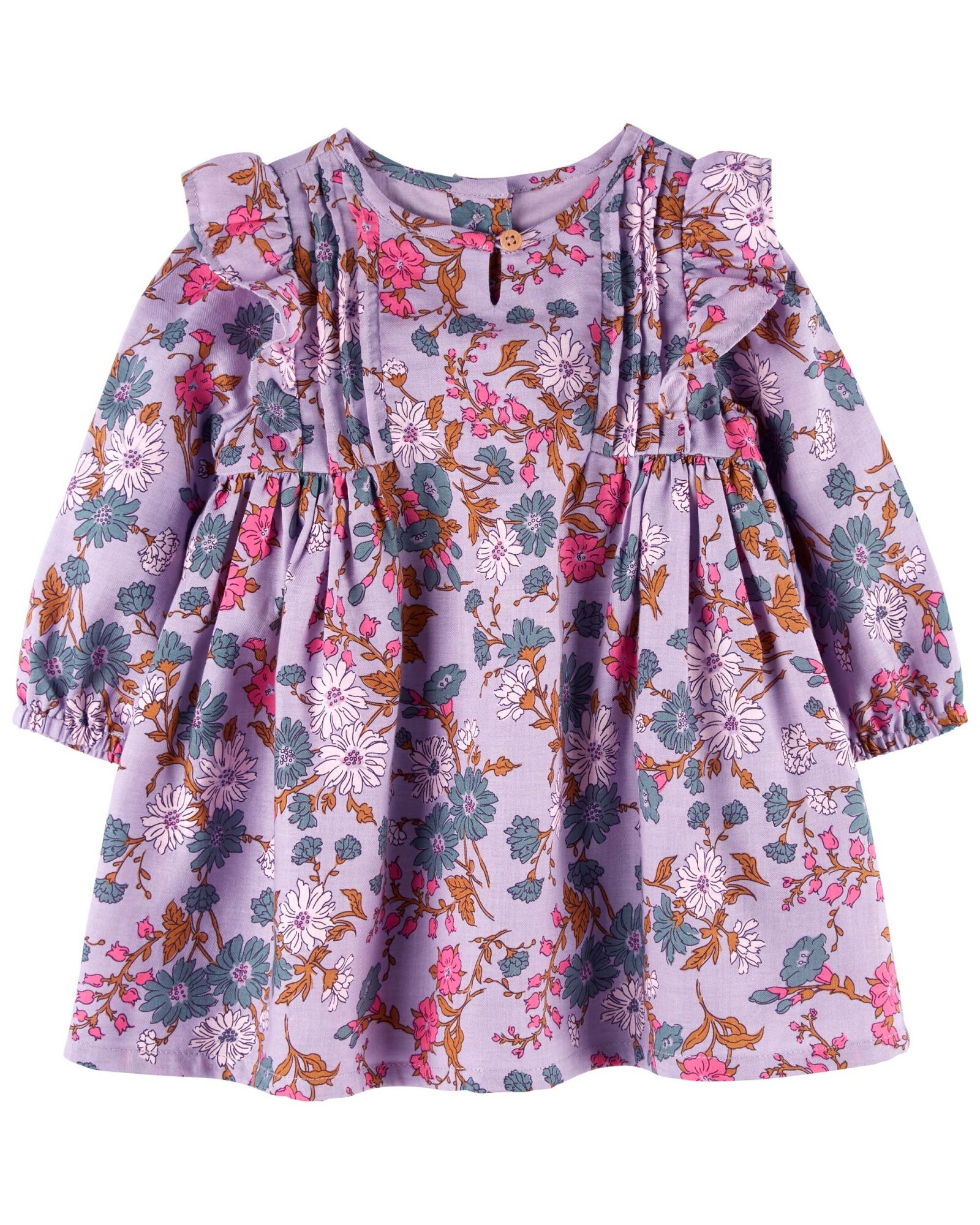 Vestido de algodón con volados, diseño floral. Talles 6-24M Sin color