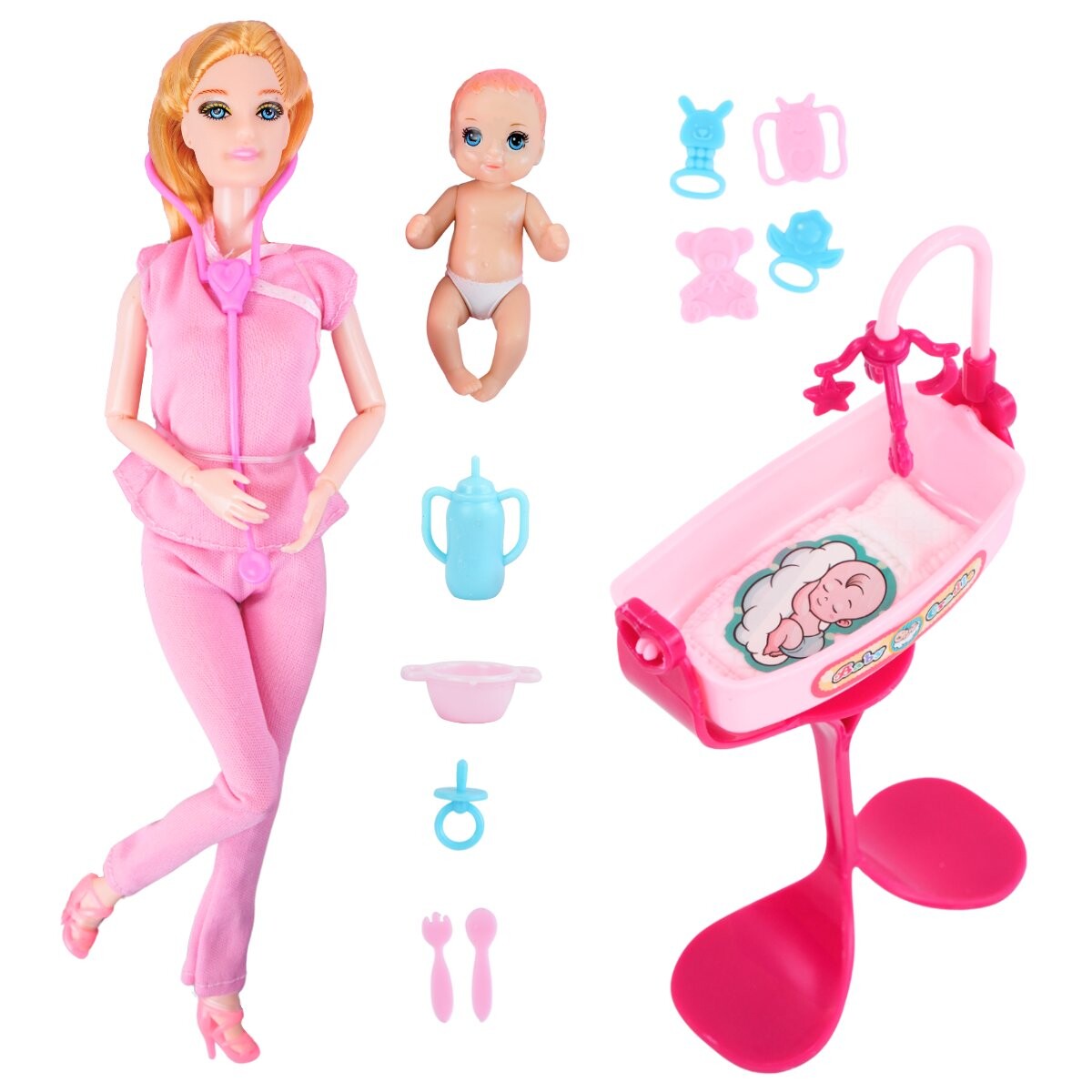 Muñeca pediatra con bebe y accesorios 