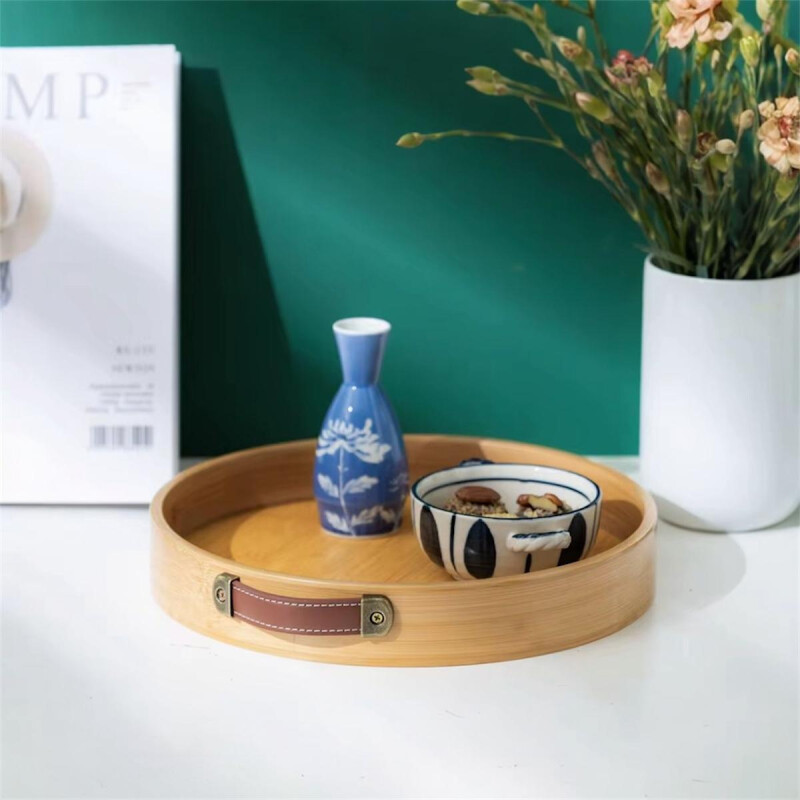 Bandeja Redonda de Bambu y Detalle en Cuero - Set 2 Medidas Bandeja Redonda de Bambu y Detalle en Cuero - Set 2 Medidas
