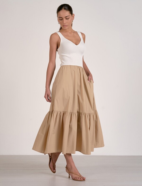 Vestido Bicolor De Punto Acanalado Y Falda Fluida CRUDO