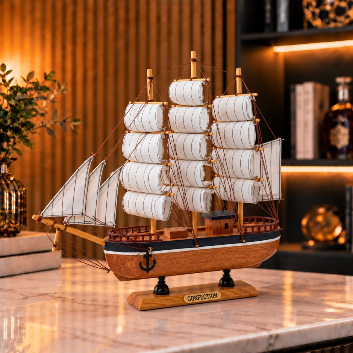 Barco Velero Decorativo de Madera con Barandas – Natural - Largo 31cm/ Altura 31 cm 