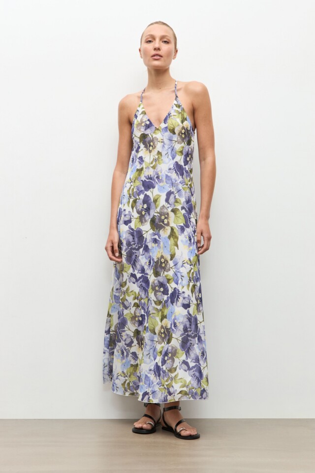 Maxi vestido estampa Santa Rita azul piedra