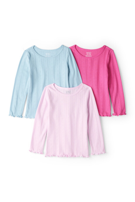 Pack tres remeras de algodón calado, dobladillo lechuga, azul y rosa Sin color