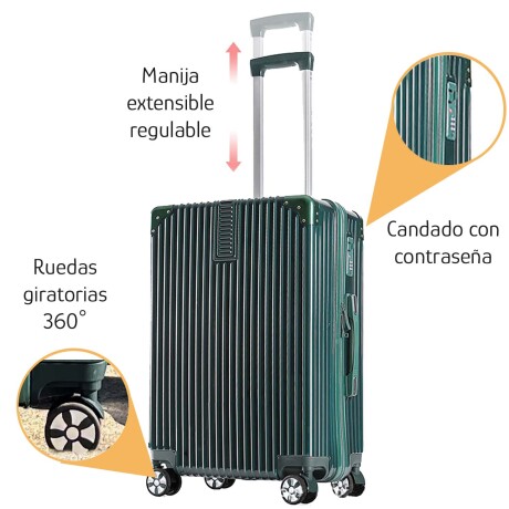 Valija Grande Rígida 4 Ruedas Dobles Giratorias con Candado Verde Militar