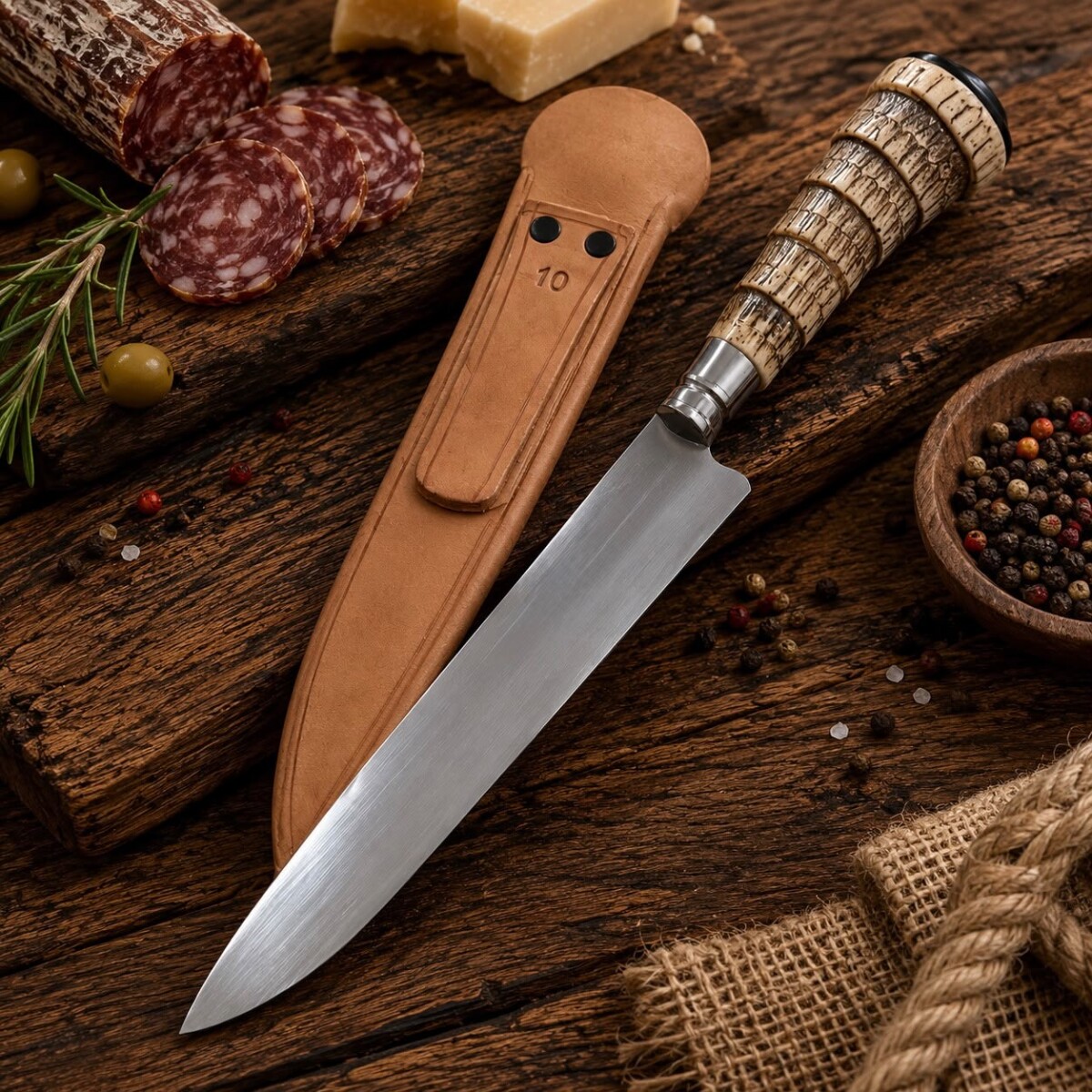 Cuchillo Artesanal Acero de Carbono Mango Simil Tatu y Vaina de Cuero N°10 