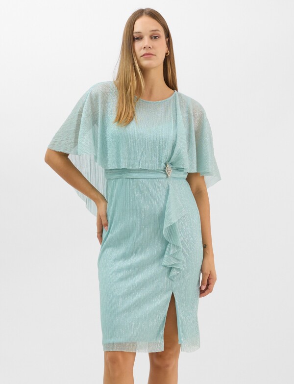 Vestido Con Capa Fluida & Detalle En Cintura VERDE AGUA