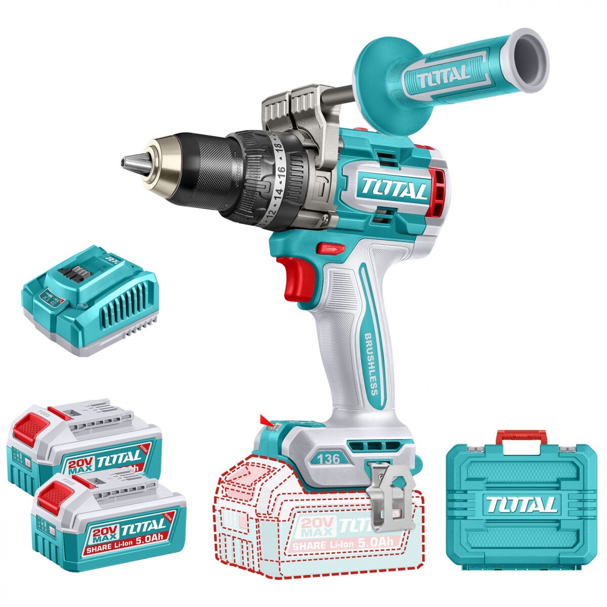 Taladro Percutor Y Atornillador 20v 136Nm - Doble Batería, Cargador Y Maletín - Sin Carbones 