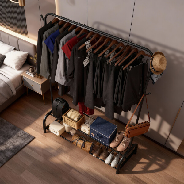 Perchero Para Ropa Con Doble Estante y ganchos de Metal Organizador zapatero Imback Color Negro Perchero Para Ropa Con Doble Estante y ganchos de Metal Organizador zapatero Imback Color Negro