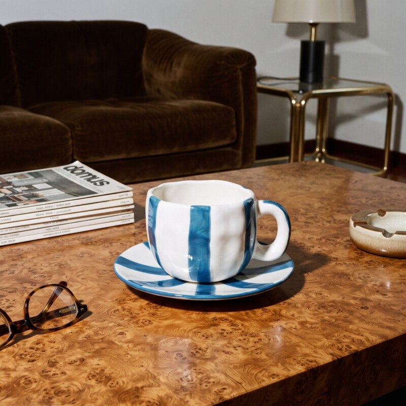 Taza de cerámica con platito Diagonal Azul