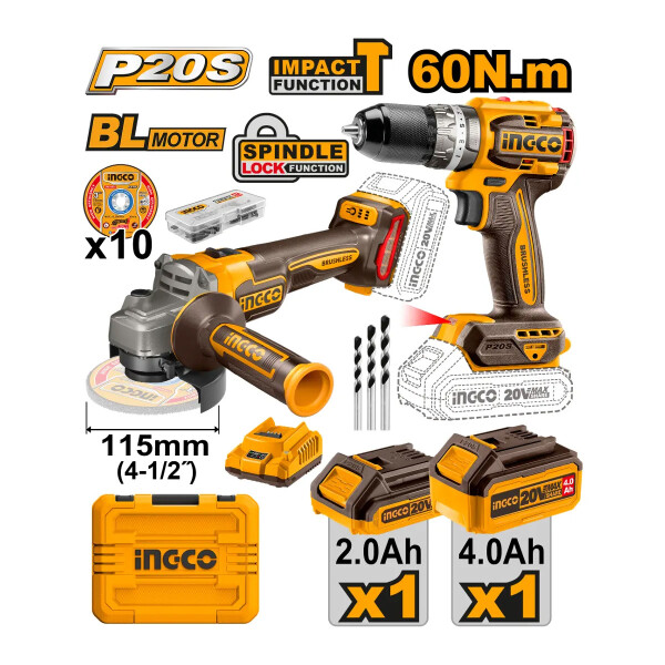 KIT ATORNILLADOR CON PERCUTOR 20V Y AMOLADORA 20V 2 BAT + CARG + VALIJA KIT ATORNILLADOR CON PERCUTOR 20V Y AMOLADORA 20V 2 BAT + CARG + VALIJA