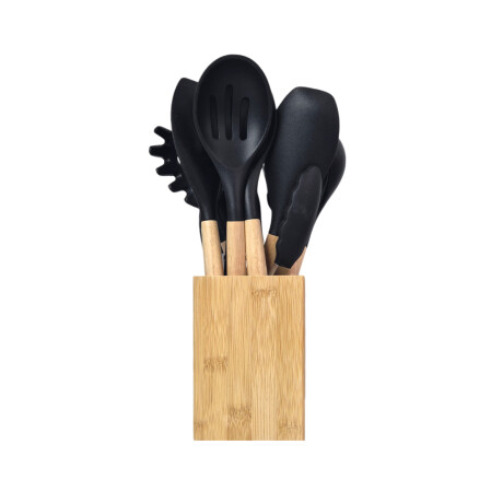 Set de utensilios de cocina 12 accesorios con soporte en ba Negro