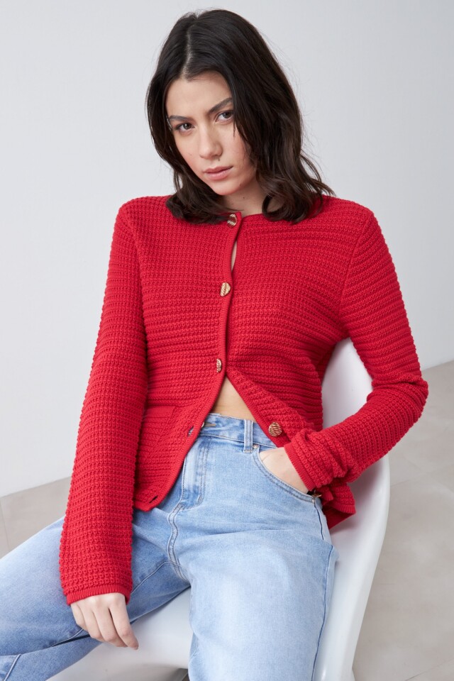 Chaqueta tejida con botones metálicos rojo