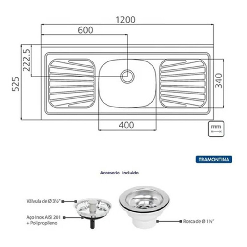 PILETA TRAMONTINA BACHA IZQUIERDA ACERO INOX 93415-50 Pileta Tramontina Bacha Izquierda Acero Inox 93415-50