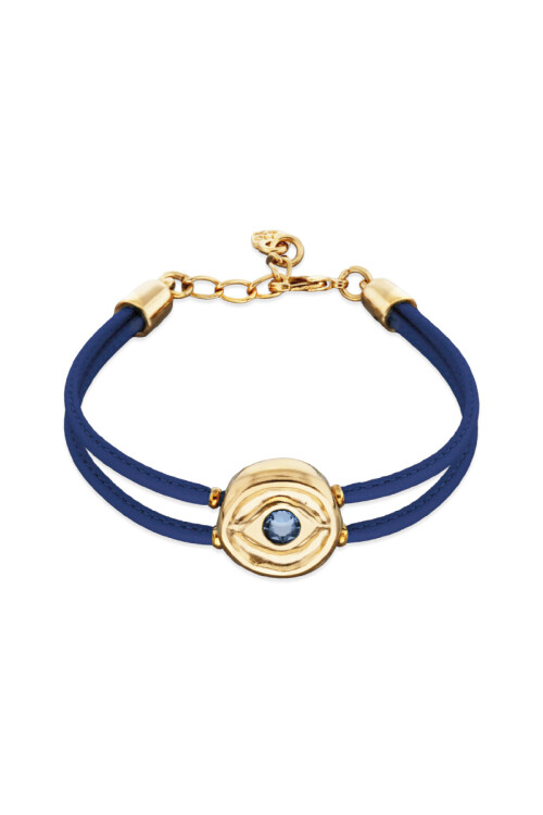 PULSERA DE CUERO DOBLE AZUL CON DETALLE DE OJO EN ALEACIÓN DE METALES BAÑADO EN ORO DE 18K Y CRISTAL Pulsera