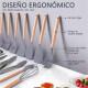 Kit Set Utensilios Para Cocina Madera Y Goma Gris