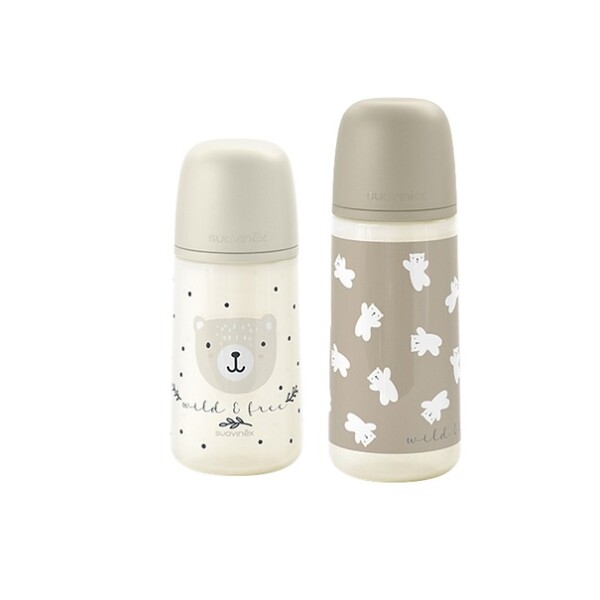 Set x2 biberones Suavinex 270ml + 360ml - Prints bear beige