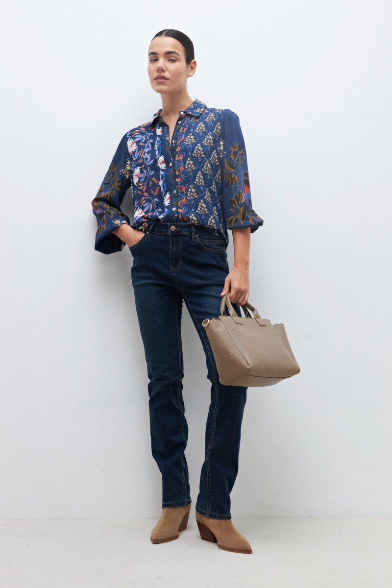 Camisa estampada patchwork floral - azul marino 