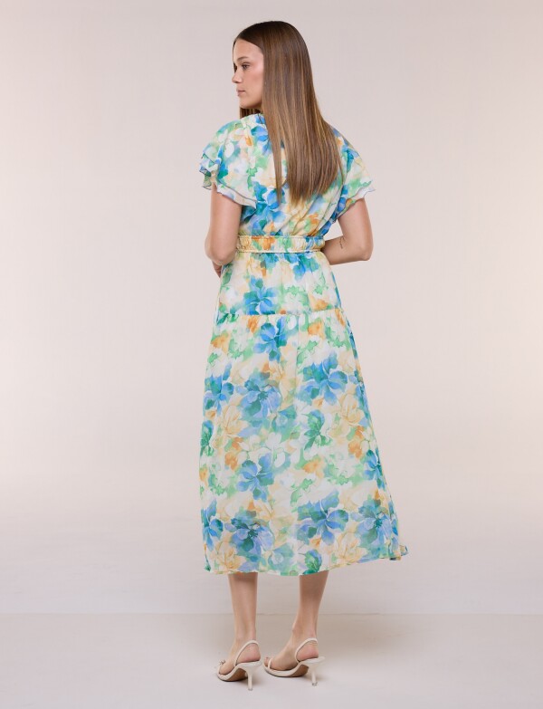 Vestido Midi De Gasa Con Mangas Con Volados MULTI/AZUL