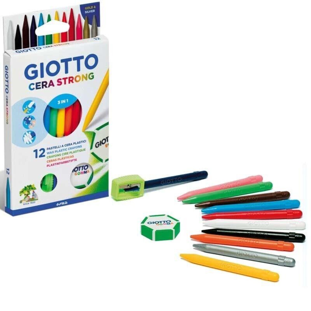 Crayón GIOTTO Cera Strong *12 colores + sacap. + goma de borrar 