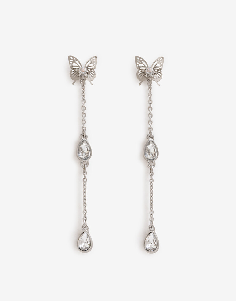 Aros Colgantes Cortos Metal Aros Argolla Metal Mariposa - Plateado Rodio
