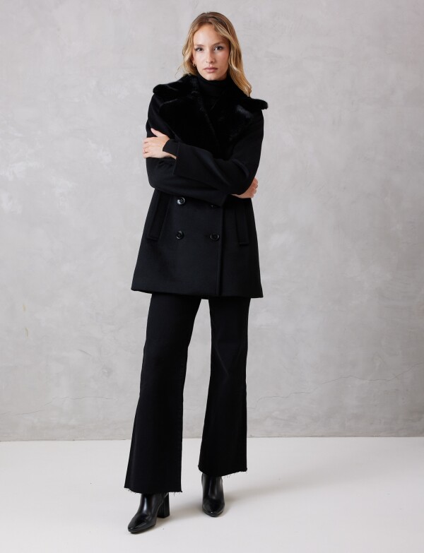 Tapado Lana Con Doble Abotonadura & Cuello De Piel NEGRO