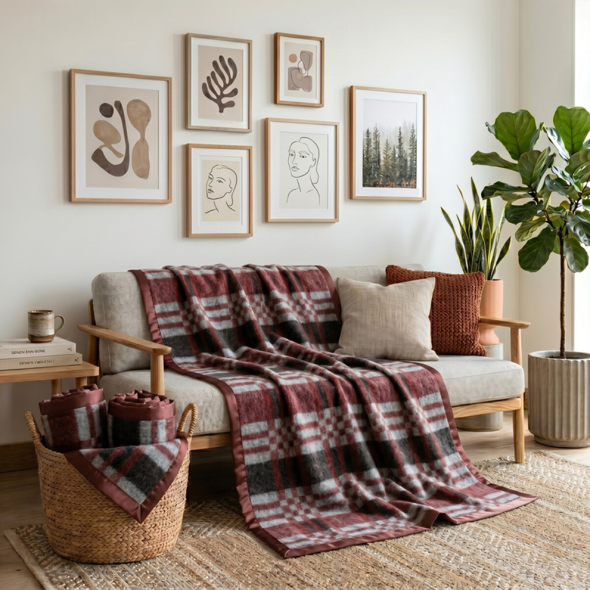 Manta Frazada Jackard Abrigada 2 Plazas Texturizada de Invierno 200 x 210 cm - Vino Escocés 
