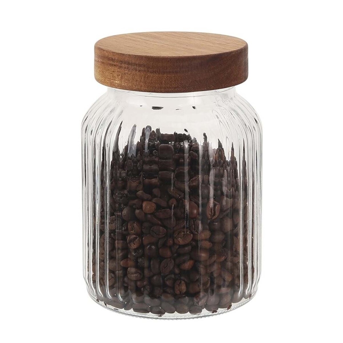 Frasco Recipiente de Vidrio Labrado 1000Ml Tapa Rosca Madera - Transparente 