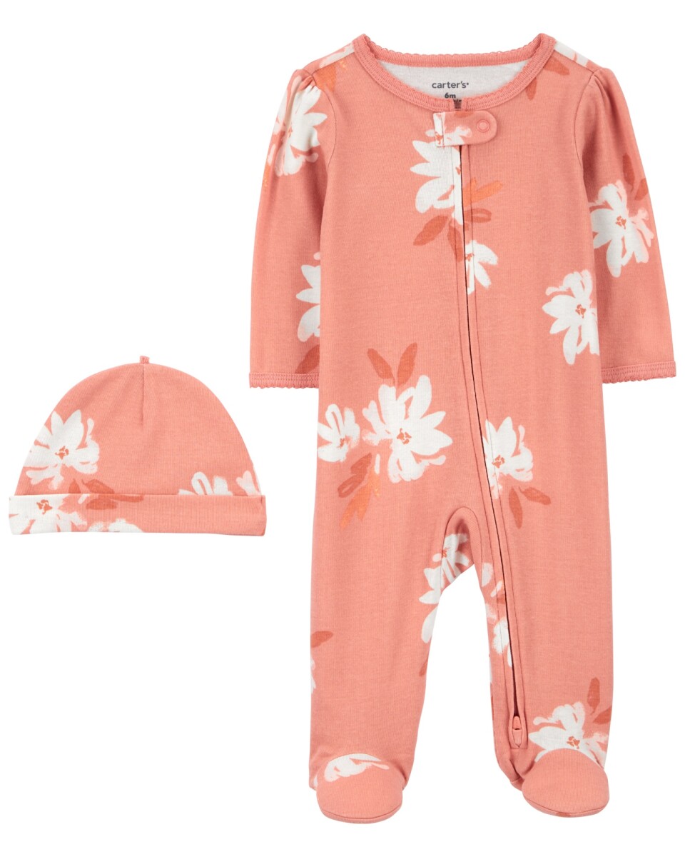 Pijama una pieza de algodón, con pie y gorro, diseño floral 