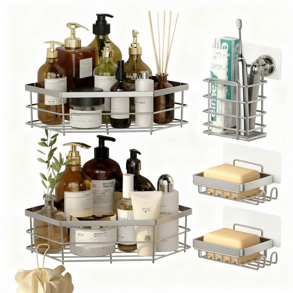 Set X5 Estante Organizador Esquinero Ducha Baño Jabonera Accesorios Con Adhesivo Imback Color Plateado Set X5 Estante Organizador Esquinero Ducha Baño Jabonera Accesorios Con Adhesivo Imback Color Plateado