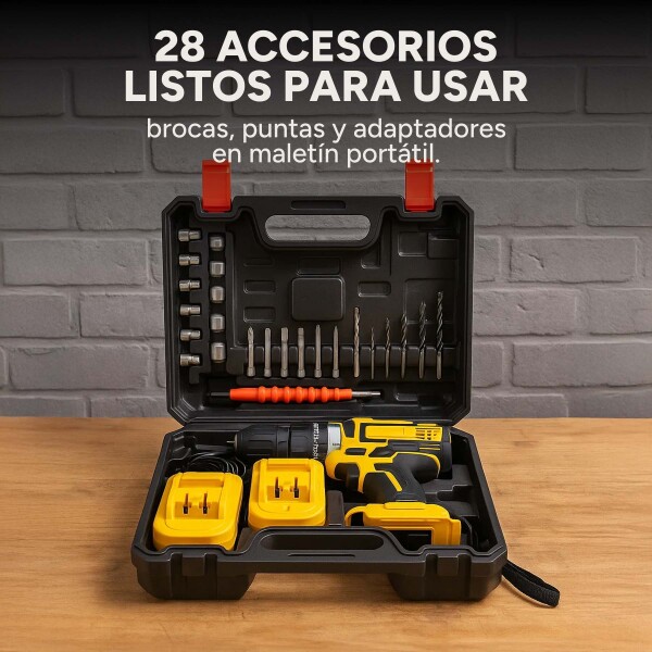Taladro Percutor Atornillador Inalámbrico + 2 Baterías + Acc Color Amarillo Negro