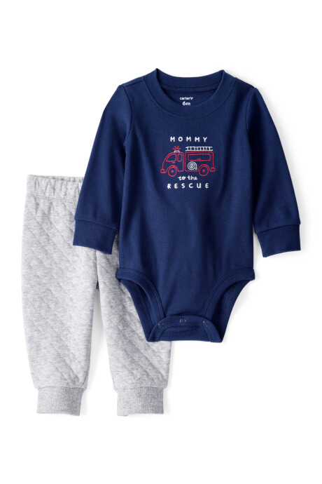 Set dos piezas de algodón, pantalón capitoneado y body, diseño bomberos Sin color