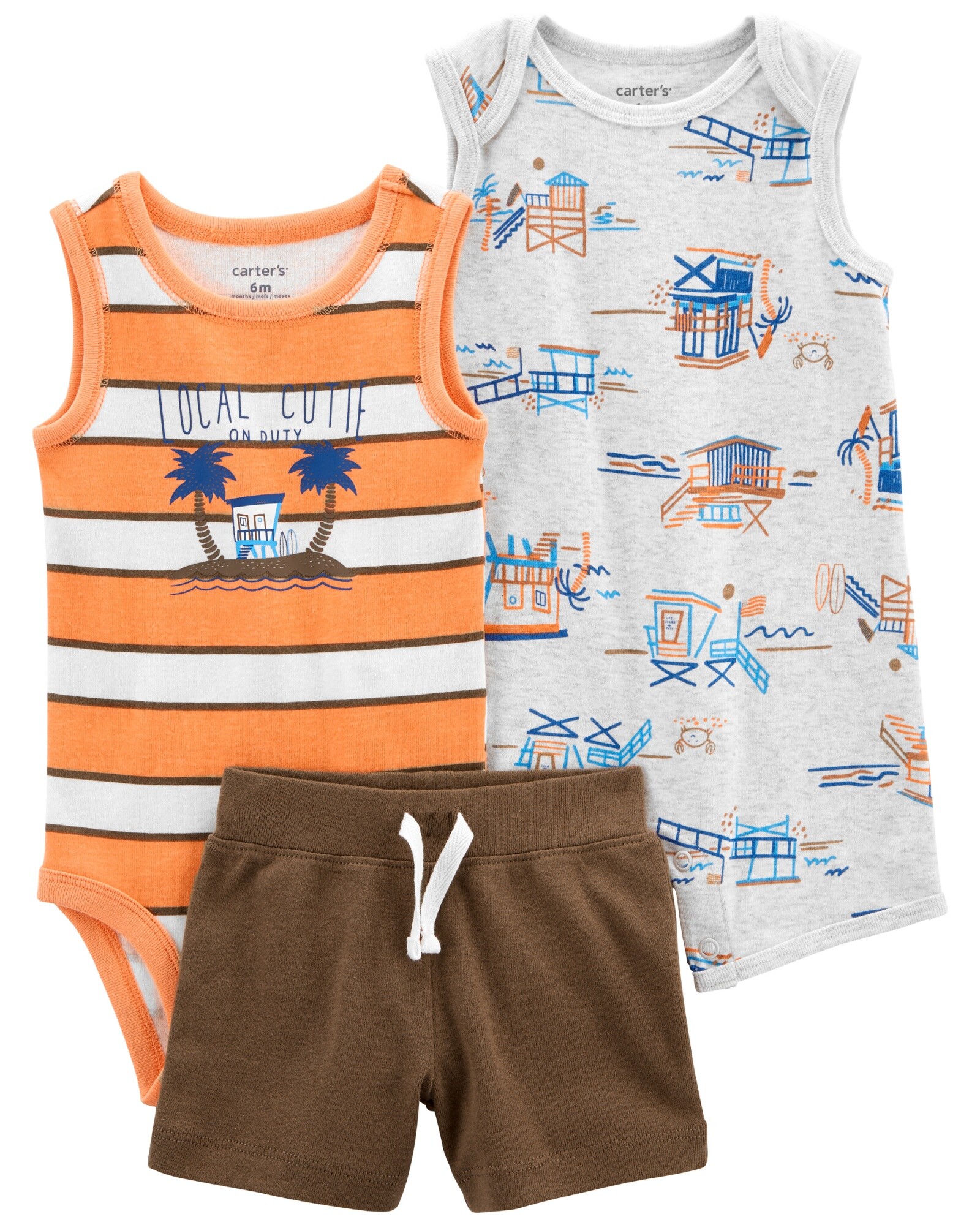 Set tres piezas de algodón, monito corto, short y body, diseño tropical Sin color