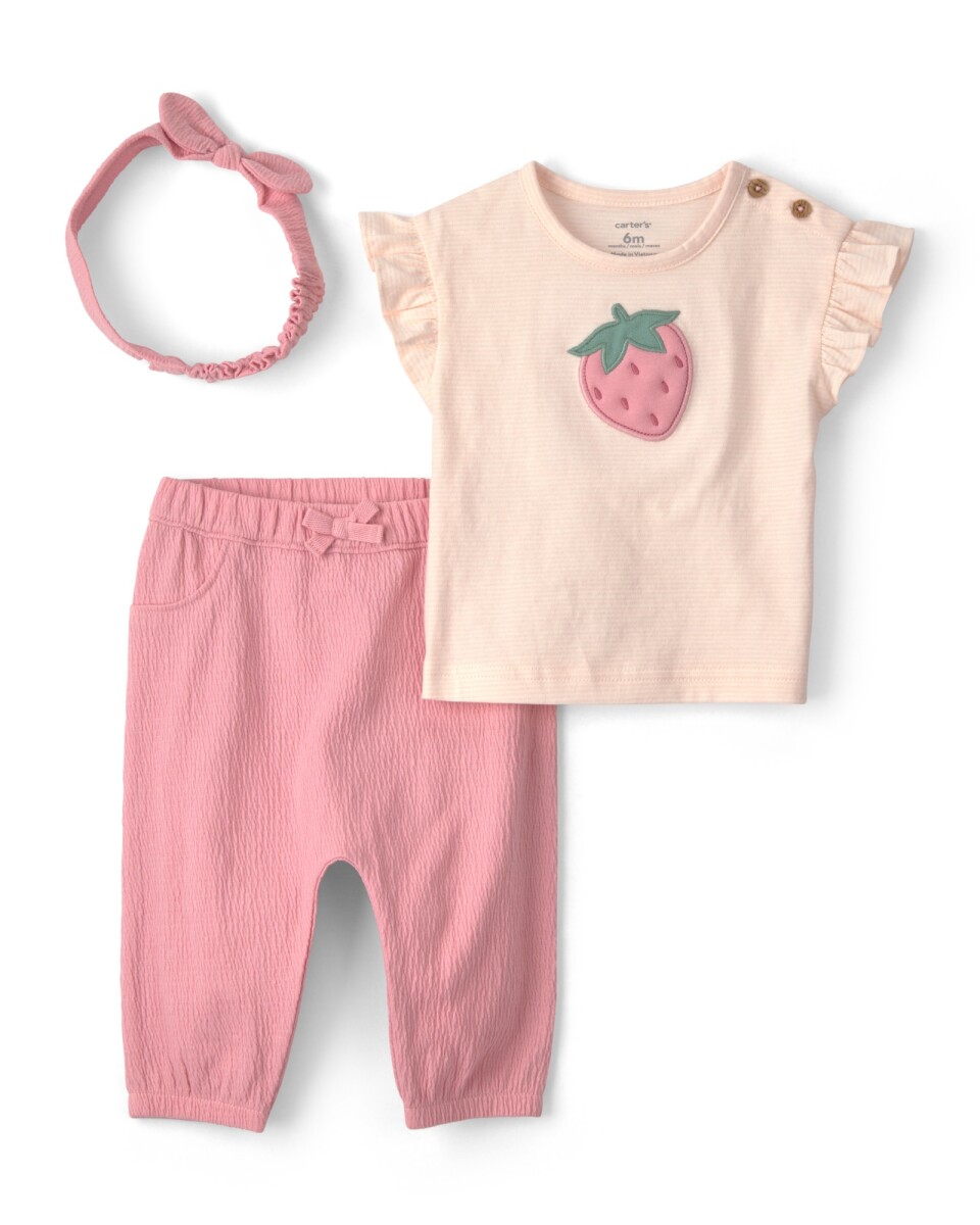 Set tres piezas de algodón, pantalón, blusa y vincha, rosado, estampa frutilla 