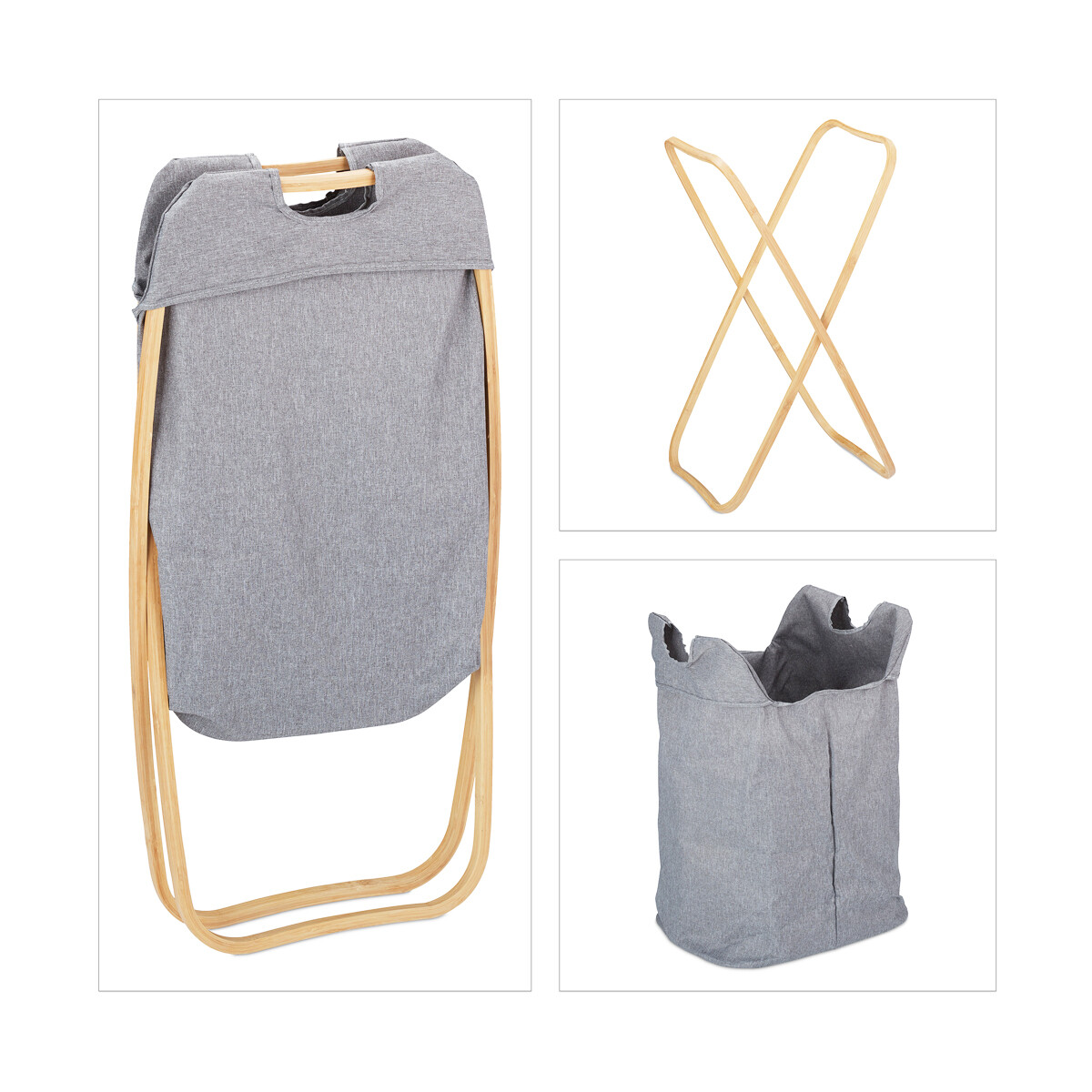 Cesto con asa y soporte de madera - Gris 