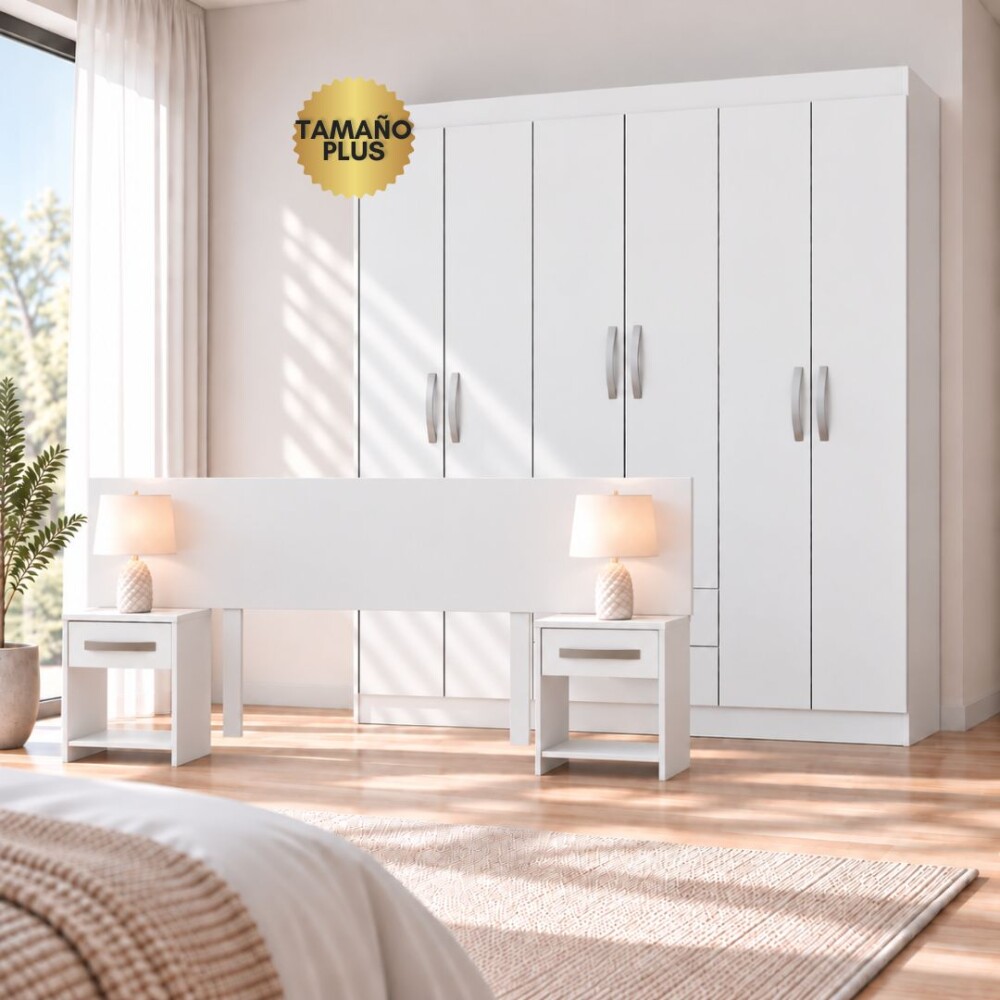 COMBO DORMITORIO - ROPERO PLUS 6 PUERTAS + RESPALDO CON 2 MESAS DE LUZ BLANCO