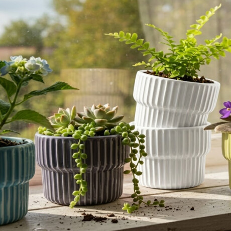 Maceta de cerámica con diseño acanalado – Colores pastel – Decoración para interiores y jardín Blanco