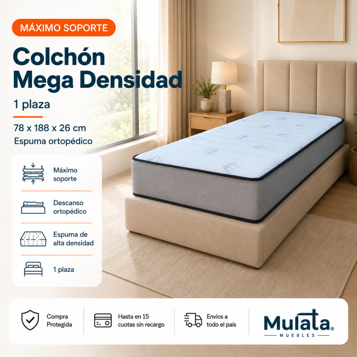 Colchon MEGA DENSIDAD Espuma Ortopédico - 1 Plaza - 78 cm 