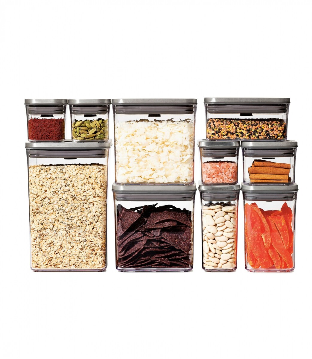 SET 10 CONTENEDORES TAPA EN ACERO + CUCHARA MEDIDORA + ETIQUETAS OXO 