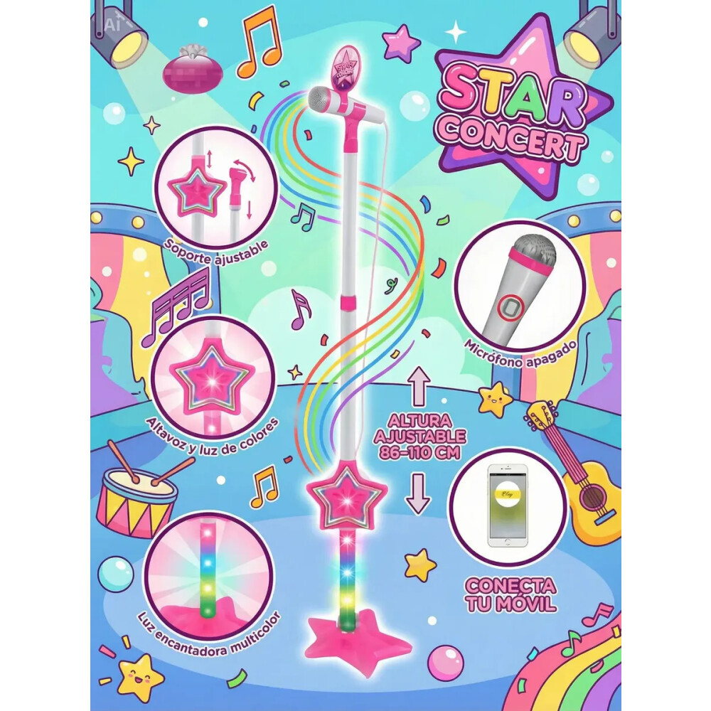 Micrófono karaoke con luces y conexión bluetooth. Rosa