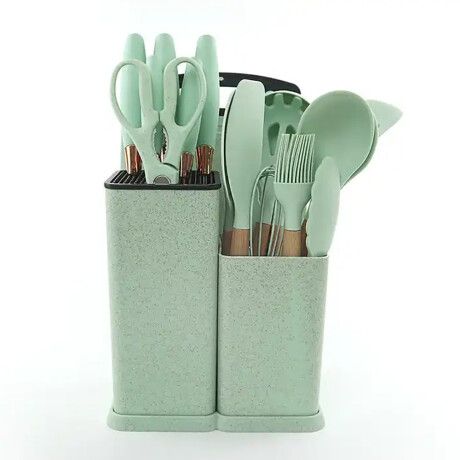 Set Cocina Menage 19Pz Utensillos Cuchillos Tabla c/Soporte Verde Claro
