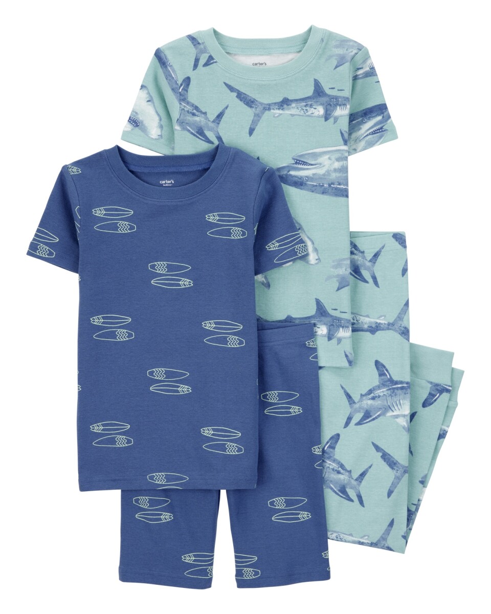 Pijama cuatro piezas de algodón, dos remeras, short y pantalón, diseño tiburones 